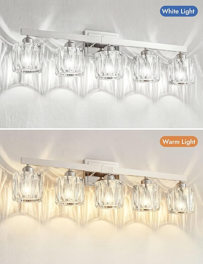 VOLISUN Crystal Vanity Lights for Bathroom, 5 Light Bathroom Vanity Light, Modern Stainless Steel Bathrooms Lights Over Mirror, Chrome Bathrooms Lights Fixtures-UL Certificated(Exclude Bulb)