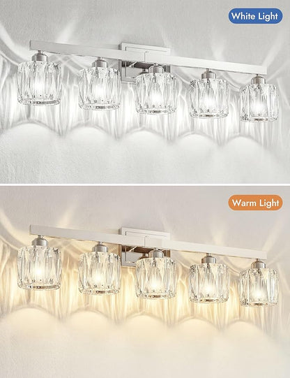 VOLISUN Crystal Vanity Lights for Bathroom, 5 Light Bathroom Vanity Light, Modern Stainless Steel Bathrooms Lights Over Mirror, Chrome Bathrooms Lights Fixtures-UL Certificated(Exclude Bulb)