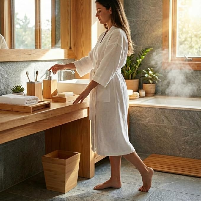 Lavish Home 5-Piece Bathroom Decor Set - Bamboo Bathroom Accessories with Trash Bin, Soap Dish, Soap Dispenser, Toothbrush Holder, and Tray (Natural)