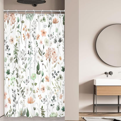 Cute Green Pink Floral Stall Single Wildflower Bathroom Shower Curtain Set | 54"W x 78"H Watercolor Boho; waterproof HD print, quick-dry fabric and plastic hooks for easy setup.