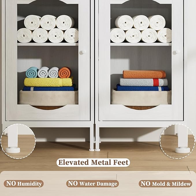 66.4" Tall Bathroom Storage Cabinet with Adjustable Shelves and Glass Doors, Anti-Tipping Narrow Cabinet, Linen Cabinet for Bathroom, Kitchen, Living Room, Cloud White