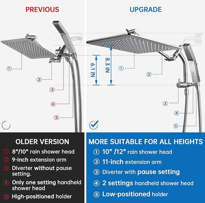 G-Promise 12 Inch All Metal Rain Shower Head with Handheld (Brushed Nickel) | Full Body Coverage, Pause Mode Diverter, Power Wash Mode Handheld, Suits Every Height, Easy to Install, Modern Bath Upgrade