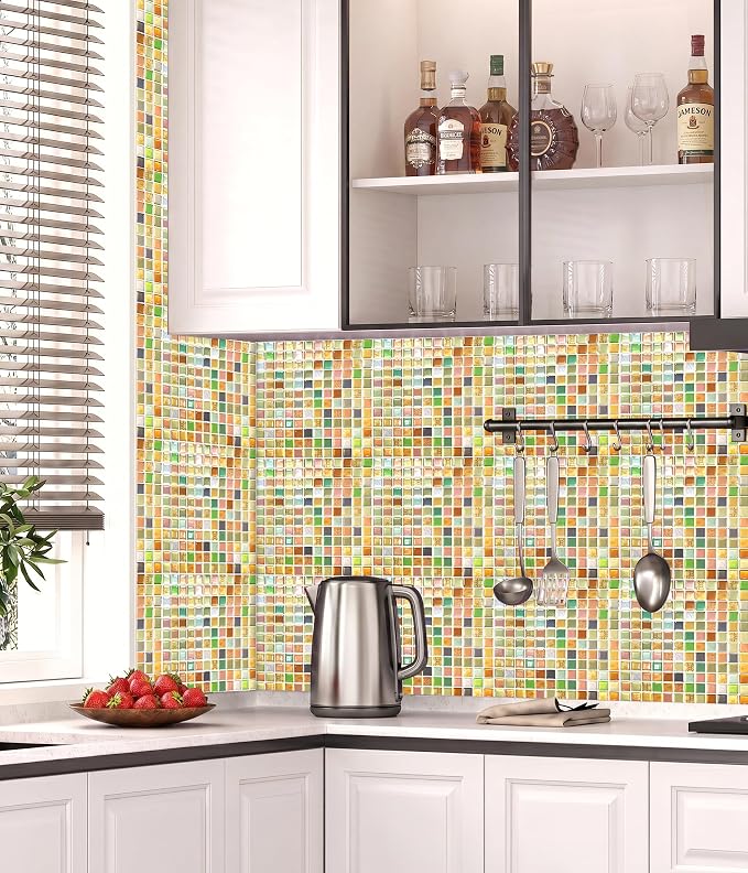 3D Mosaic Tile Sticker Removable Wallpaper Tile, 3D Self Adhesive Wall Tiles Bathroom Wall Tiles for Kitchen Backsplash Sunny Yellow,PVC Square Decorative Vinyl Decals,4 Sheets