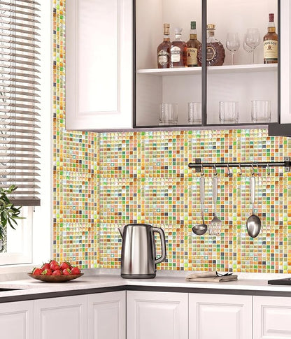 3D Mosaic Tile Sticker Removable Wallpaper Tile, 3D Self Adhesive Wall Tiles Bathroom Wall Tiles for Kitchen Backsplash Sunny Yellow,PVC Square Decorative Vinyl Decals,4 Sheets