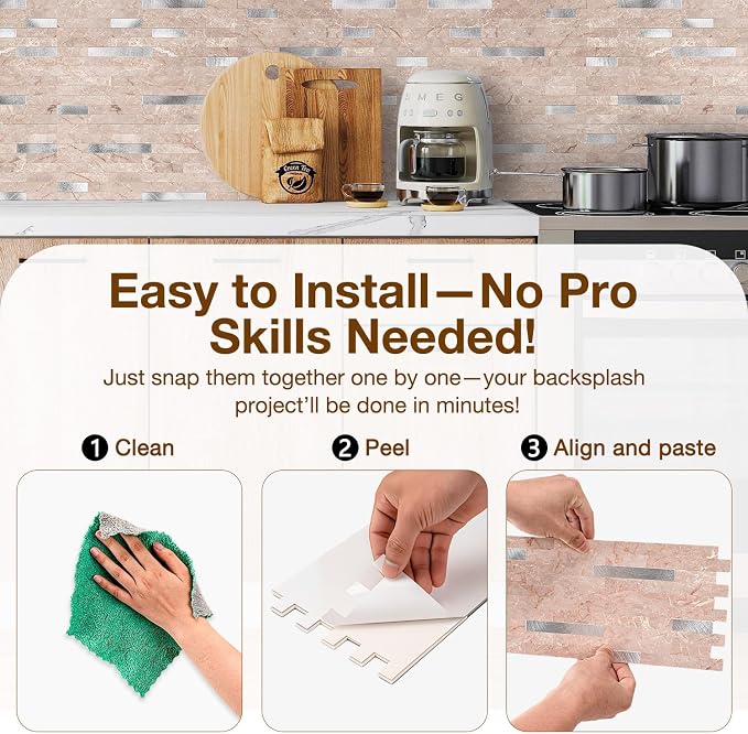 Peel and Stick Backsplash Tile Waterproof Removable PVC Wall Sticker 3D Faux Stone Marble Brick White Accent Panels (Pink Marble - Metal Silver, 20 Tiles - 9 sq. ft. (0.84 M²))