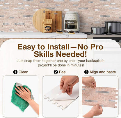 Peel and Stick Backsplash Tile Waterproof Removable PVC Wall Sticker 3D Faux Stone Marble Brick White Accent Panels (Pink Marble - Metal Silver, 20 Tiles - 9 sq. ft. (0.84 M²))