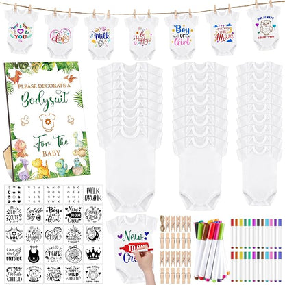 Panitay 126 Pcs Baby Shower DIY Bodysuit Set Bib 25 Blank White Newborn Bodysuit 25 Stencils 24 Marker 1 Sign 50 Pins(Dinosaur)