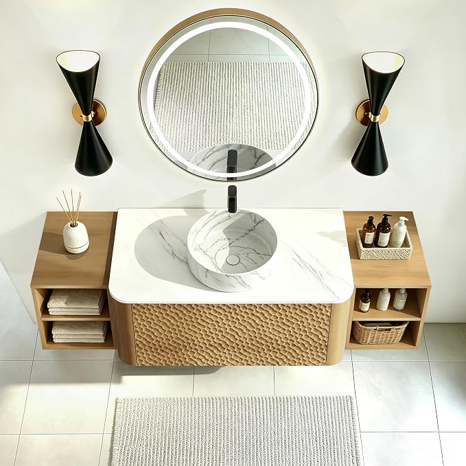 60 Inch Modern Bathroom Vanity with Ceramic Sink, Floating Bathroom Sink Cabinet with Sintered Stone Top&Solid Wood Hammered Frame, Single Bathroom Vanities w/Soft-Close Drawer&2 Side Open Cube