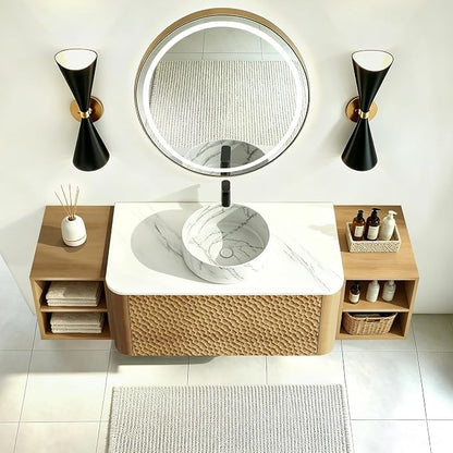 60 Inch Modern Bathroom Vanity with Ceramic Sink, Floating Bathroom Sink Cabinet with Sintered Stone Top&Solid Wood Hammered Frame, Single Bathroom Vanities w/Soft-Close Drawer&2 Side Open Cube