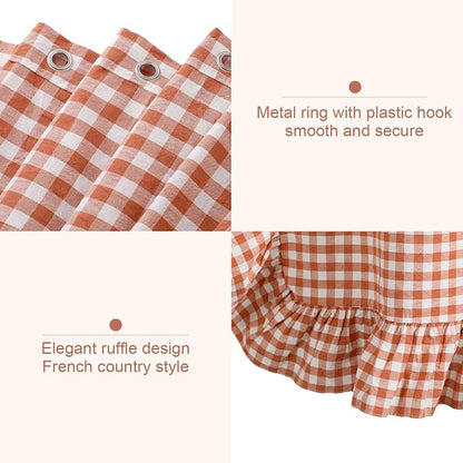 HunnmingRe Ruffled Gingham Shower Curtain Orange | 72'' x 72'' Vintage Farmhouse Curtain, Cotton Cottage Core Rural Checkered Plaid Decor, Fall Shower Curtain for Bathroom