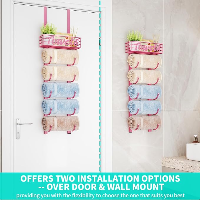 HapiRm Towel Racks for Bathroom Storage - 6 Tier Over The Door & Wall Mount Rolled Towel Storage Organizer Holder with Metal Shelf Basket for Small Bathroom, Camper, Rv - Pink, Patented