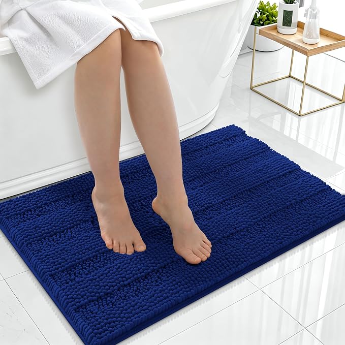 Smiry Thick Chenille Bathroom Rugs 36x24, Soft Absorbent Bath Mat, Navy | Quick‑Dry & Machine Washable, Non‑Slip Bath Carpet, Striped Bath Rugs for Tub & Shower, Modern Home Decor Accessories