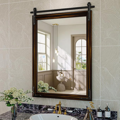 Farmhouse Bathroom Mirror, 24x36 Inch Black Brown Vanity Mirror for Wall, Wood Framed Rustic Mirror Rectangular Wall Decor Mirrors for Entryway Living Room Bedroom
