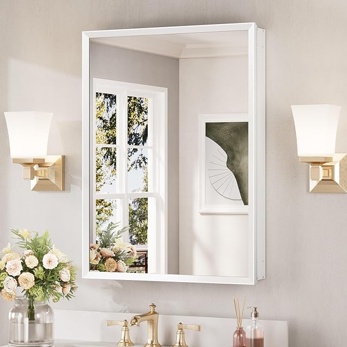 Keonjinn White Medicine Cabinet Mirror 24" x 32", Assembly Needed, Recessed Medicine Cabinet with Mirror for Bathroom, Beveled Framed, Surface Wall-Mounted or Recessed, Tempered Glass