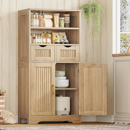 Iwell Tall Storage Cabinet, Fluted Cabinet with 2 Drawers & Adjustable Shelf, Bathroom Storage Cabinet, Kitchen Pantry Storage Cabinet, for Living Room, Dining Room, Home Office, Natural Oak