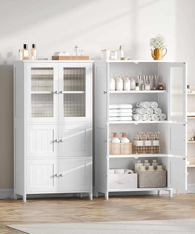 Akxomel 43.3'' H Bathroom Storage Cabinet with 6 Doors Adjustable Shelf | Bathroom Floor Cabinet, Linen Cabinet with Transparent Doors, Modern Bathroom Cabinet, Living Room, Kitchen, White