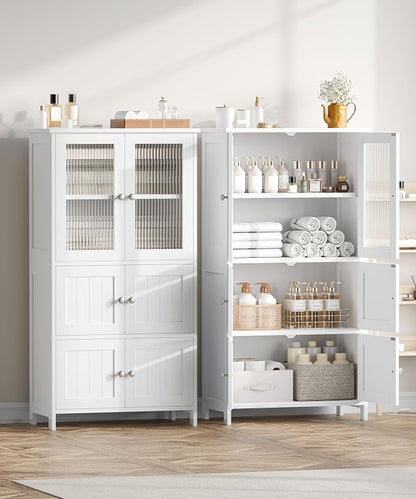 Akxomel 43.3'' H Bathroom Storage Cabinet with 6 Doors Adjustable Shelf | Bathroom Floor Cabinet, Linen Cabinet with Transparent Doors, Modern Bathroom Cabinet, Living Room, Kitchen, White