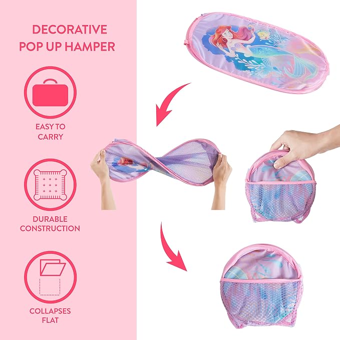 Disney Little Mermaid Ariel Pop-Up Hamper,Collapsible Laundry Basket with Sturdy Handles, 21x13.5x13.5, Lightweight Storage for Kids' Bedroom or Bathroom
