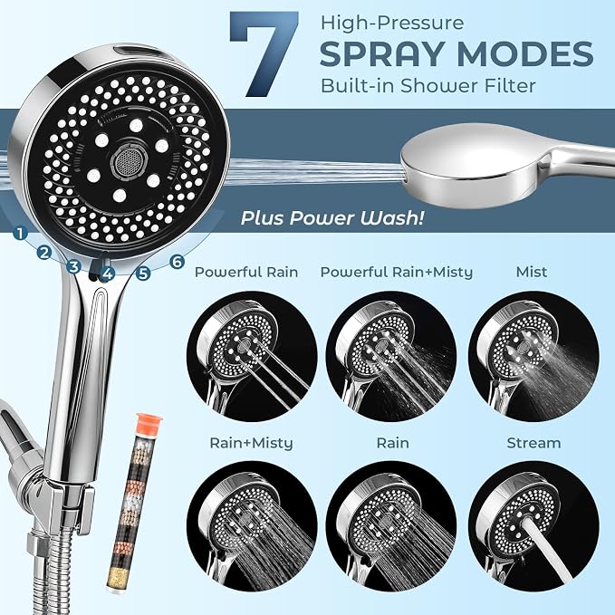 Filtered Handheld Shower Head, High Pressure Chrome | 7 spray modes, 5.24" wide coverage, 59" SS hose, adjustable holder, built-in filter, G1/2" universal fit, tool-free install