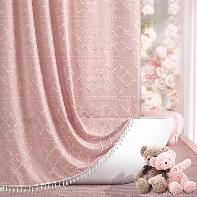Extra Long Boho Shower Curtain with Tassels 72 x 90, Pink and White