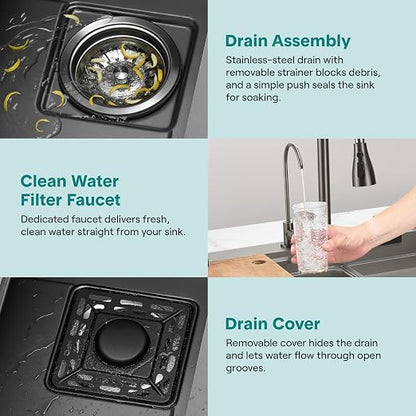 SereneLife Stainless Steel Kitchen Sink | Undermount & Drop-In Installation |13 Gauge & 30"L x 18"W x 9"H IN | Includes Faucet, Drain Rack, Strainer Basket, Cutting Board & Cup Washer | Black
