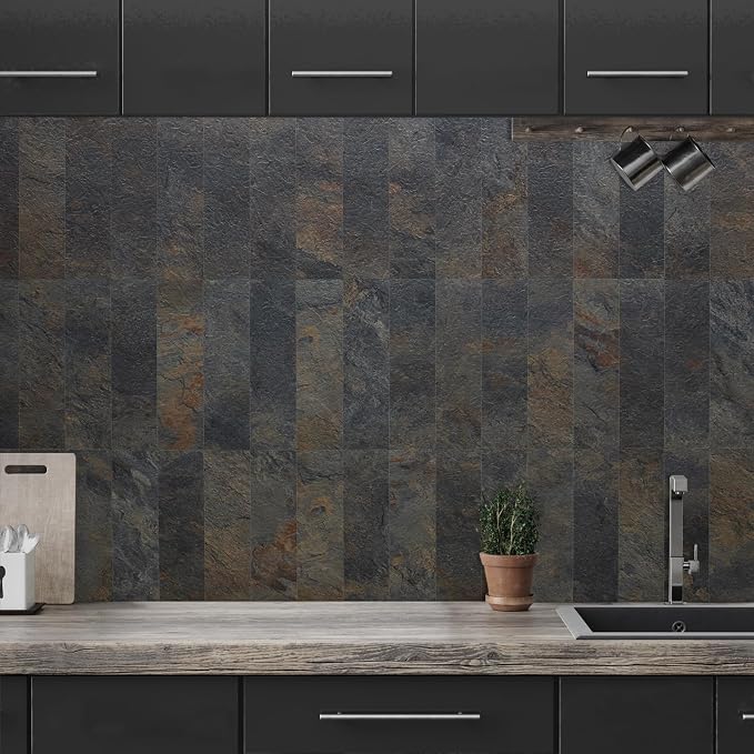 AULIGET 40-Piece Rust Slate Peel and Stick Backsplash Wall Tiles, 3" x 12" PVC Faux Stone Stick on Tiles for Backsplash Kitchen, Bathroom, Laundry Room, Camper, Fireplace