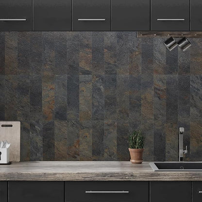 AULIGET 4-Piece Rust Slate Peel and Stick Backsplash Wall Tiles, 3" x 12" PVC Faux Stone Stick on Tiles for Backsplash Kitchen, Bathroom, Laundry Room, Camper, Fireplace