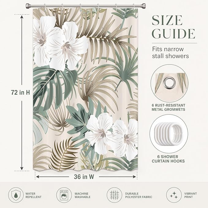 Tropical Shower Curtain for Bathroom, Green Palm Tree Flower Plant Boho Leaf Banana Monstera Sage Beige Shower Curtains Set, Fabric Bathroom Accessories with Hooks 36x72 Inch