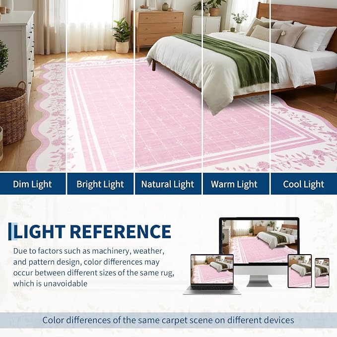 Garvee Scollaped Rugs for Living Room 5x7 Area Rugs for Bedroom Soft Pink | Non-Slip Low Pile Neutral Kids Rug Non-Shedding Bordered Nursery Carpet Foldable Thin Mat for Dining Room Kitchen Playroom