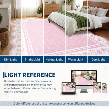 Garvee Washable Rugs for Living Room 8x10 Area Rugs Scalloped Rug Pink | Modern Bordered Non Slip Large Kids Bedroom Carpet Indoor Stain Resistant Floor Cover for Bedroom Dining Room Office Nursery