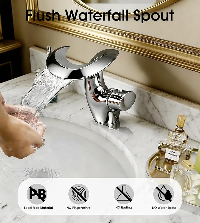 Elegant Alien Chrome Bathroom Sink Faucet Single Hole,AUU Chrome Polished Waterfall Vanity Sink Faucet Solid Brass,Single Handle Basin Tap with Pop Up Drian&Deck Plate