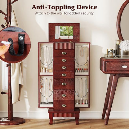 DREAMADE Jewelry Armoire, Standing Jewelry Box w/Mirror & 7 Drawers, Brown | Flip Top Organizer with 2 Side Doors and Anti-Toppling Device, Large Jewelry Cabinet Storage for Bedroom