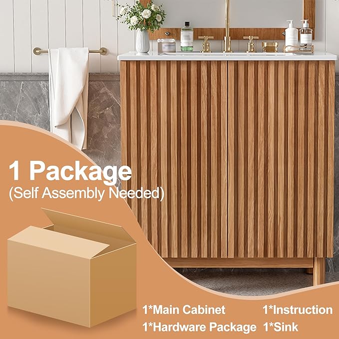 30″ Bathroom Vanity with Ceramic Sink, Modern Bathroom Vanity Cabinet with 2 Doors, Freestanding Mid-Century Restroom Sink Cabinet Combo with U-Shaped Adjustable Shelf (30")