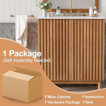 30″ Bathroom Vanity with Ceramic Sink, Modern Bathroom Vanity Cabinet with 2 Doors, Freestanding Mid-Century Restroom Sink Cabinet Combo with U-Shaped Adjustable Shelf (30")