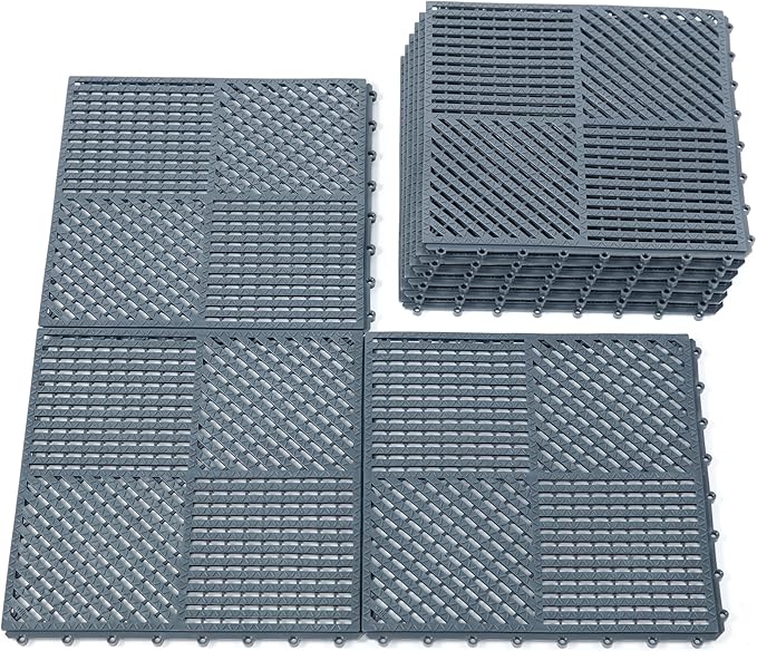 9 Pack Modular Interlocking Outdoor Shower Mat with Drain Holes for Bathroom, Shower, Laundry Room, Basement, Boat, 12" x 12" Dark Gray
