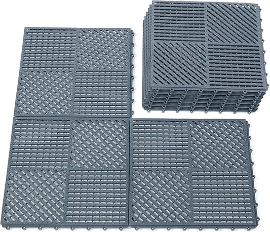 9 Pack Modular Interlocking Outdoor Shower Mat with Drain Holes for Bathroom, Shower, Laundry Room, Basement, Boat, 12" x 12" Dark Gray
