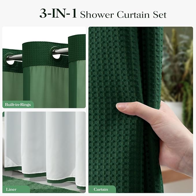 Dark Green Hook Free Waffle Shower Curtain & Snap-in Liner,72x87 | Less Time to install, 3 in 1 Fabric Shower Curtain and Liner Set with Magnets, Extra Long, Shower Curtains for Bathroom