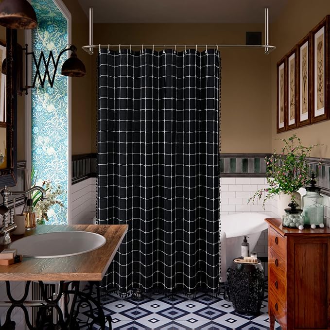 Long Boho Farmhouse Shower Curtain for Bathroom 72x78 | Long French Country Plaid Tassel Shower Curtain, Rustic Aesthetic Bathroom Decor Windows Curtain, Black