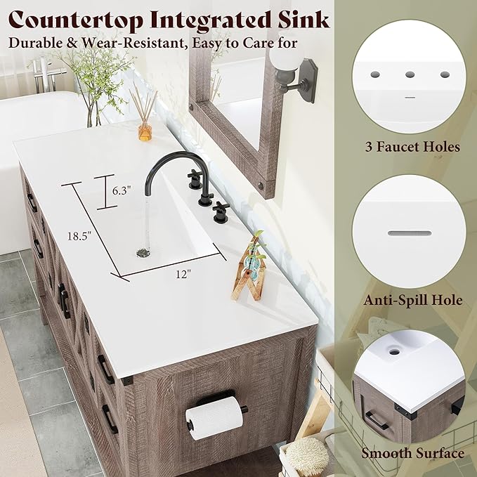 AMERLIFE 48” Farmhouse Bathroom Vanity with Sink, Freestanding Cabinet with 4 Drawers, Double Barn Doors & Open Shelf, Rustic Storage for Master or Family Bathroom, Light Gray