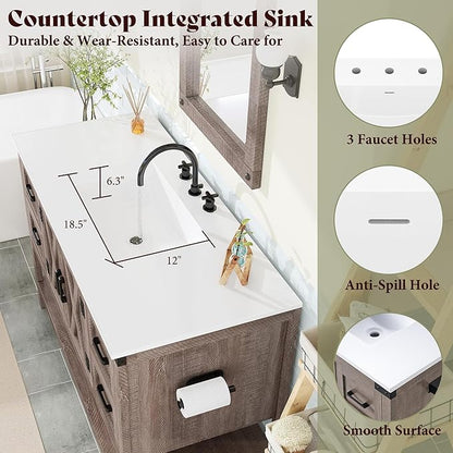 AMERLIFE 48” Farmhouse Bathroom Vanity with Sink, Freestanding Cabinet with 4 Drawers, Double Barn Doors & Open Shelf, Rustic Storage for Master or Family Bathroom, Light Gray