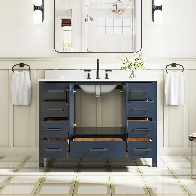 48-Inch Bathroom Vanity with Sink, 2 Soft-Close Doors and 9 Soft-Close Drawers, Bathroom Freestanding Vanity with Cultured Marble Countertop, Bathroom Navy Blue Vanity With Matte Black Handles