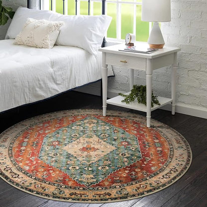 Lahome Boho Tribal Round Rug 4ft Washable Bedroom Round Area Rugs for Entryway, Soft Living Room Circular Rugs, Oriental Non-Slip Foyer Throw Mat Carpet for Nursery Kitchen (Rust/Dull Teal,4ft-Round)