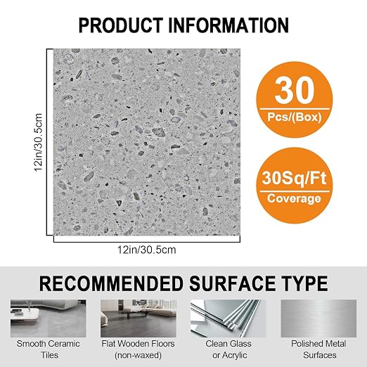 Peel and Stick Floor Tile 30-Pack 12 x 12 inch,Self-Adhesive Waterproof Vinyl Flooring Plank for Bathroom,Kitchen, Dining Room, Bedrooms, Cover 30 Sq. Ft,Modern Terrazzo