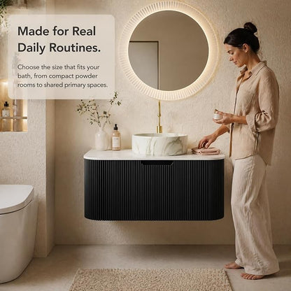 36 Inch Bathroom Vanity with Sink, Floating Wall Mounted Single Sink Vanity, Black Curved Fluted Front, Stone Top, Marble-Look Round Vessel Basin, Pre-Assembled