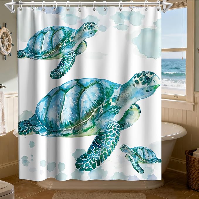Cute Modern Ocean Shower Curtain, Beach Coastal Nautical Sea Turtle Shower Curtains for Bathroom, Waterproof Bath Curtain with Hooks Machine Washable Bathtub Curtains 72x72 Inch Blue Green