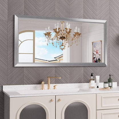 Bathroom Mirror for Wall, 60x30 Inch (Brushed Silver) | HD Reflection, Tempered Glass, Thick Metal Framed Rectangle Mirrors for Over Sink, Bedroom, Living Room, Entryway, Anti-Rust