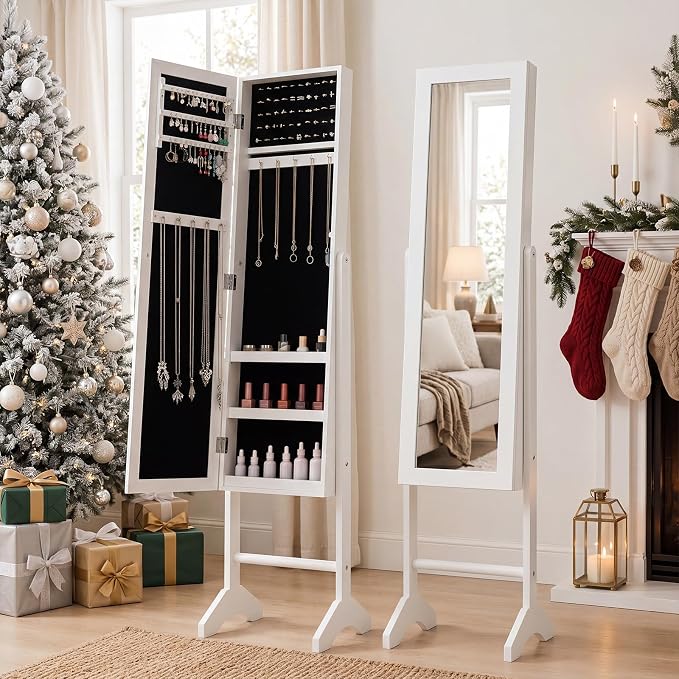 Giantex Jewelry Armoire with Full Length Mirror, Freestanding Jewelry Organizer Cabinet with Ring Slots, Earring Holders, Necklace Hooks & Storage Shelves for Bedroom (White)