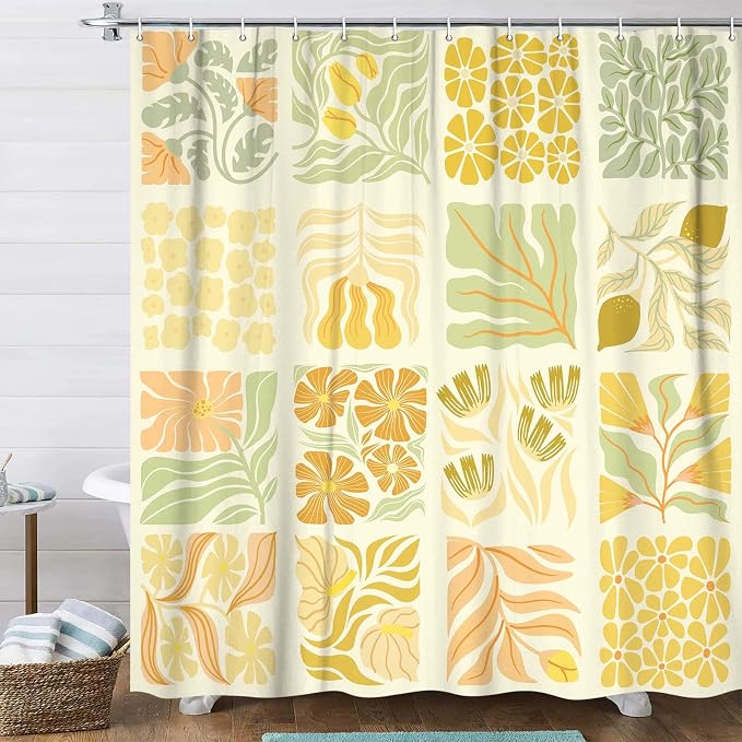 JAWO Cute Boho Floral Shower Curtain, Vintage Yellow Abstract Floral Retro Aesthetic Shower Curtain for Bathroom, Funky Unique Waterproof Fabric Polyester Bath Curtains Decor with Hooks,70Wx75H
