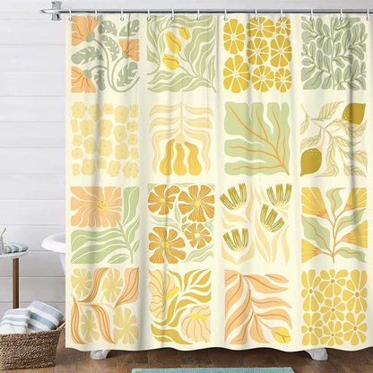 JAWO Cute Boho Floral Shower Curtain, Vintage Yellow Abstract Floral Retro Aesthetic Shower Curtain for Bathroom, Funky Unique Waterproof Fabric Polyester Bath Curtains Decor with Hooks,70Wx75H