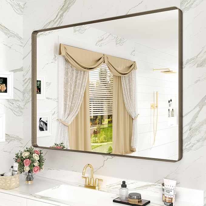 40x30 Inch Bronze Brushed Bathroom Mirror for Wall | Metal Bronze Framed Vanity Mirror, Modern Rectangle Mirror, Rounded Corner, Shatterproof, Anti-rust (Horizontal/ Vertical)